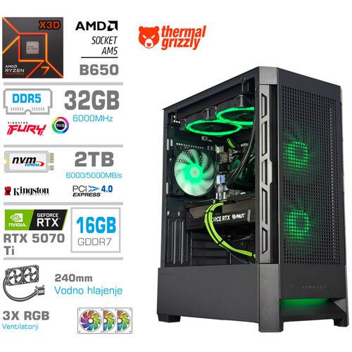 MEGA Računalnik MT S8 R7-7800X3D/RTX5070Ti/32GB-DDR5/2TB-4.0/750W/Brez OS/črna RGB + Estetski napajalni kabli [Zelena / Črna], (22097682) Cene