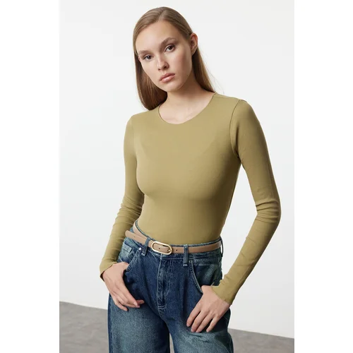 Trendyol Khaki Ribbed Crew Neck Fitted Cotton Stretchy Knitted Blouse