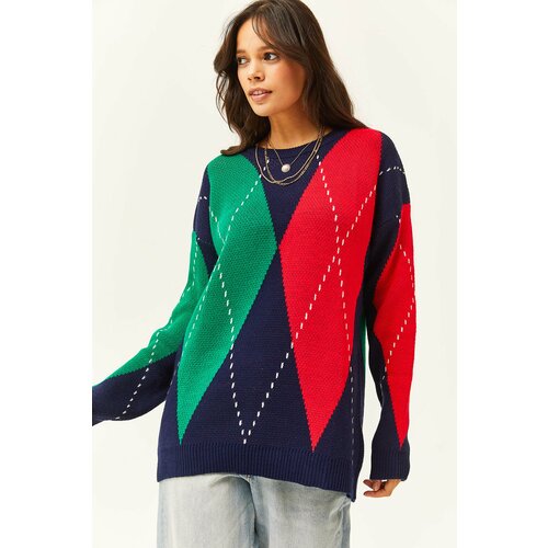Olalook Women's Navy Blue Claret Red Diamond Patterned Oversize Knitwear Sweater Slike