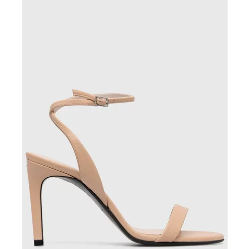 Calvin Klein Usnjeni sandali HEEL SANDAL 90 LTH bež barva, HW0HW01945