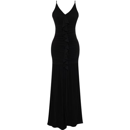 Trendyol Black Body-Sitting Ruffle Long Evening Dress Slike