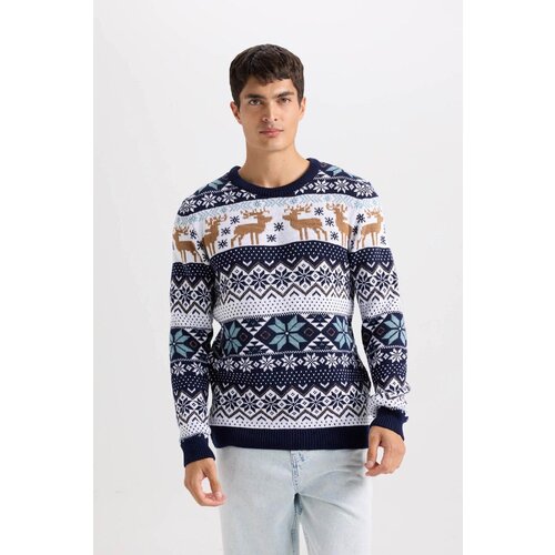 Defacto Men's Standard Fit Crew Neck Christmas Themed Knitwear Sweater Cene