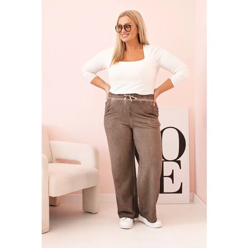 Kesi Włoski Women's Plus Size trousers with viscose, wide leg and elastic waistband brown Cene