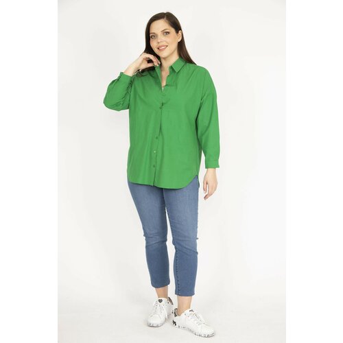 Şans Women's Green Plus Size Front Buttoned Cuffed Shirt Slike