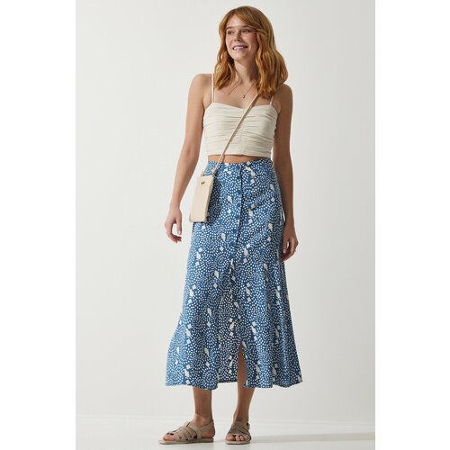 Happiness İstanbul Women's Indigo Blue Patterned Slit Viscose Skirt Slike