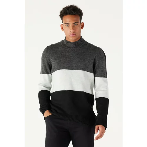 AC&Co / Altınyıldız Classics Men's Anthracite-black Standard Fit Regular Cut Half Turtleneck Striped Knitwear Sweater.