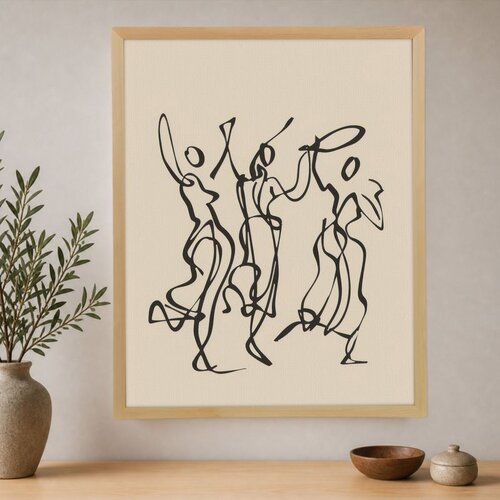 Wallxpert uramljena slika na platnu Cc-D-Ah-1045, tri ženske figure u plesu, crne linije na bež pozadini, 45 x 60 cm Cene