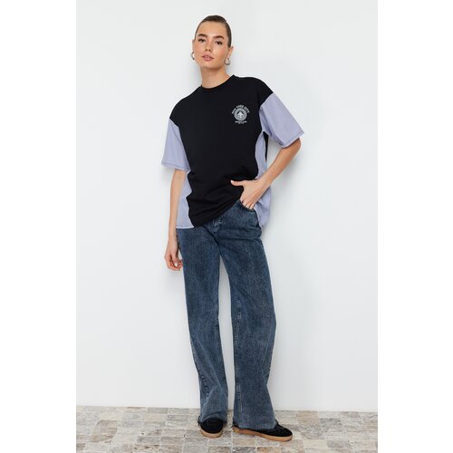 Trendyol Black Oversize/Wide Fit Poplin Detailed Printed Knitted T-Shirt Slike