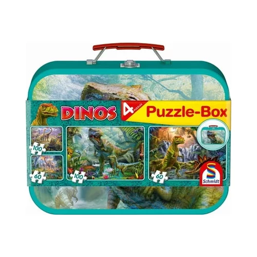Schmidt Spiele Dinos, puzzle v kovinskem kovčku, 2x100, 2x60 kosov