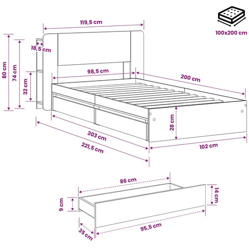  Okvir kreveta s pohranom s ladicama Siva Sonoma 100 x 200 cm Slike
