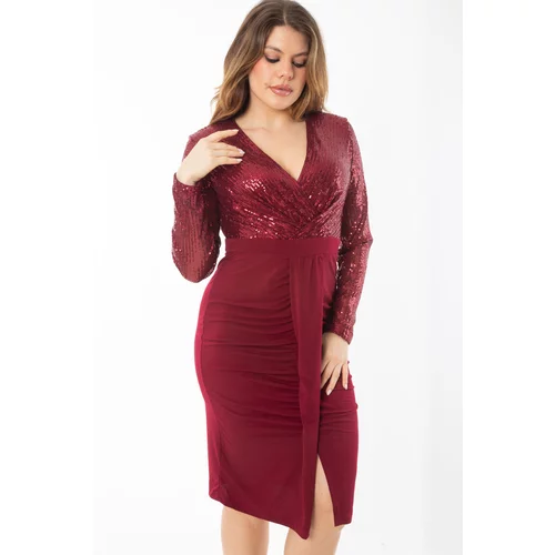 Şans Women's Plus Size Burgundy Sequin Detailed Evening Dress