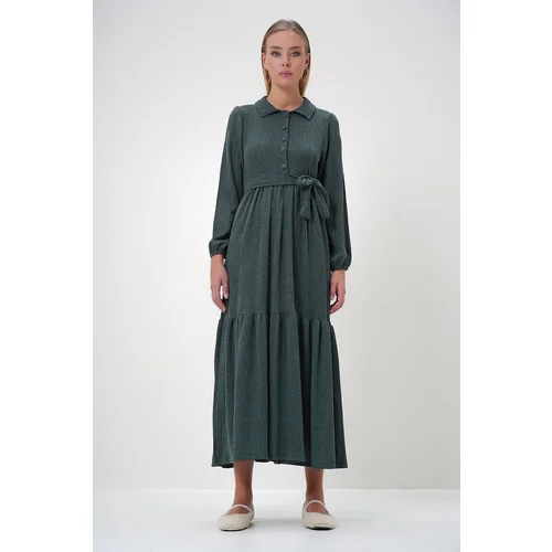 Trend Alaçatı Stili Women's Walnut Green Shirt Collar Button-Down Flounce Skirt Belted Long Dress