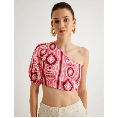 Koton X Melis Ağazat - One Shoulder Balloon Sleeve Crop Blouse Ethnic Patterned Slim Fit