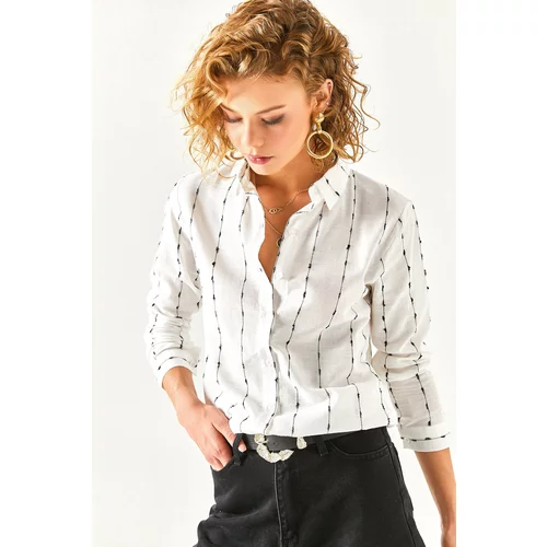 Olalook Women's White Stitching Detailed Flared Linen Shirt