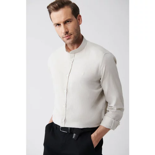 Avva Men's Beige Big Collar Linen Blended Standard Fit Normal Cut Shirt