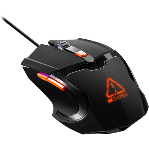 Canyon Optical Gaming Mouse with 6 programmable buttons, Pixart optical sensor, 4 levels of DPI and up to 3200, 3 million times key life, 1.65m PVC USB cable,rubber coating surface and colorful RGB lights, size:125*75*38mm, 140g Slike