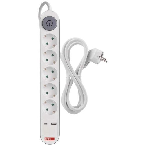 Emos Podalj&amp;scaron;ek 3 m / 5 vtičnice / s stikalom / beli / 1&amp;times; USB-A + 1&amp;times; USB-C / 1,5 mm2 Slike