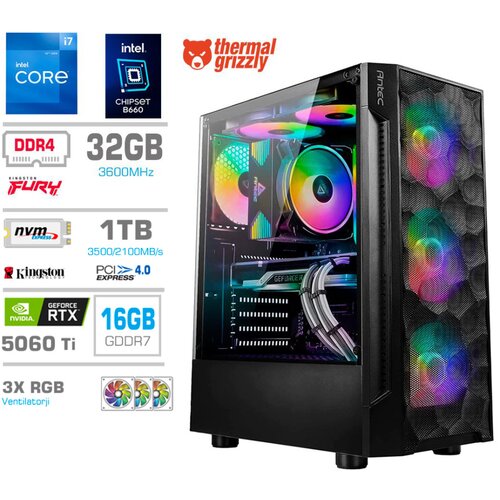 MEGA Računalnik TWR S7 i7-12700K/RTX5060Ti-16GB/32GB/1TB-4.0/750W/Brez OS RGB, (22097707) Cene