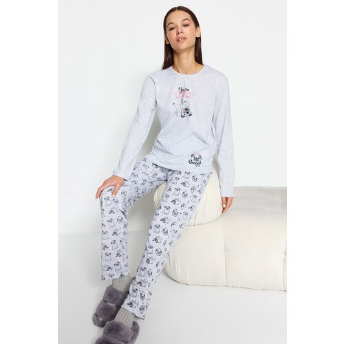 Trendyol Gray Melange Cotton Tshirt-Pants Knitted Pajama Set Slike