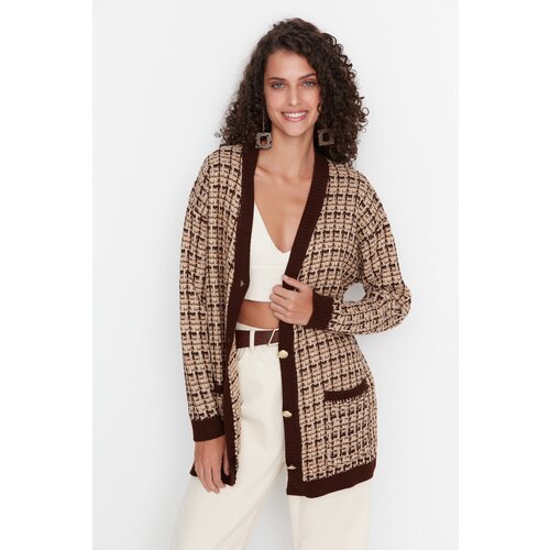 Trendyol Brown Oversize Pocket Tweed Look Knitwear Cardigan Cene