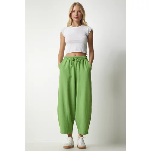 Happiness İstanbul Women's Peanut Green Linen Viscose Baggy Pants with Pocket
