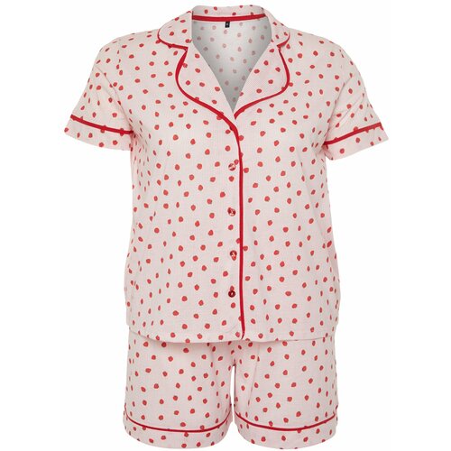 Trendyol Curve Pink Strawberry Patterned Shirt Collar Knitted Pajamas Set Slike