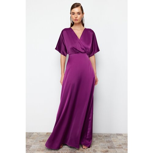 Trendyol Plum Waist Opening/Skater Woven Long Night Satin Evening Dress Slike
