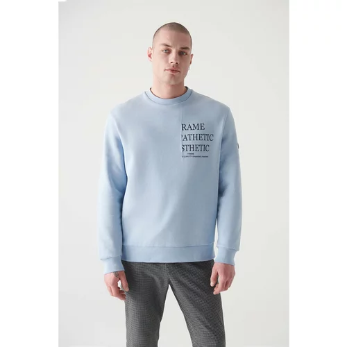 Avva Men's Light Blue Crew Neck Printed 3 Thread Fleece Standard Fit Regular Cut Sweatshirt