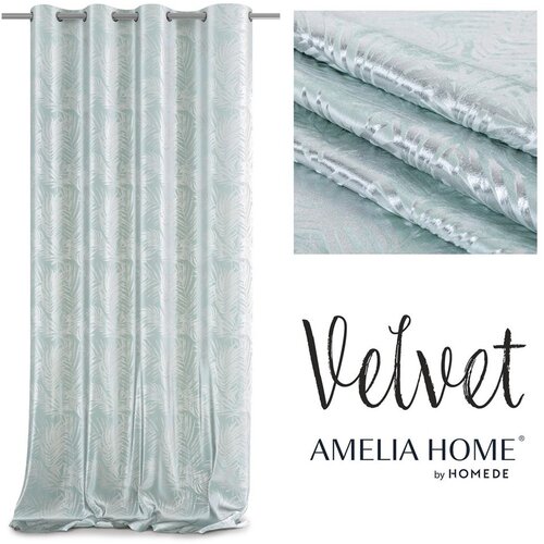  Curtain SILVERLEAVES color mint printed style glamor silver eyelets velvet 140x245 AmeliaHome Slike