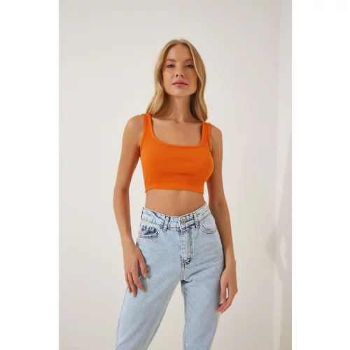 Happiness İstanbul Women's Orange Strap Corduroy Crop Knitted Blouse
