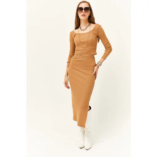 Olalook Women's Camel Open Collar Long Sleeve Blouse Slit Skirt Suit