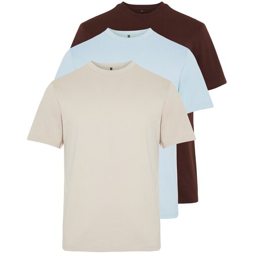 Trendyol dark brown-stone-light blue men's basic slim fit 100% cotton 3-Pack t-shirt Cene