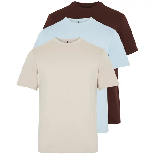 Trendyol Dark Brown-Stone-Light Blue Men's Basic Slim Fit 100% Cotton 3-Pack T-Shirt