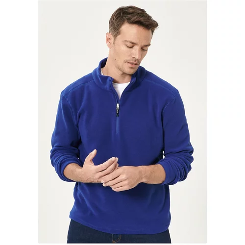 AC&Co / Altınyıldız Classics Men's Saxon Blue Standard Fit Normal Cut, Zippered Bato Collar, Heat-Protective Fleece Sweatshirt.
