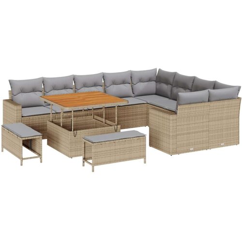  12-dijelni vrtni set sofa s jastucima u bež poly ratan akacije  Vrtna garnitura - 3-dijelni vrtni blagovaonski set s jastucima u Cijene