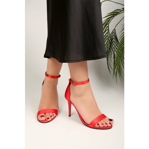 Shoeberry Women's Tulipa Red Satin Single Strap Heeled Shoes Slike