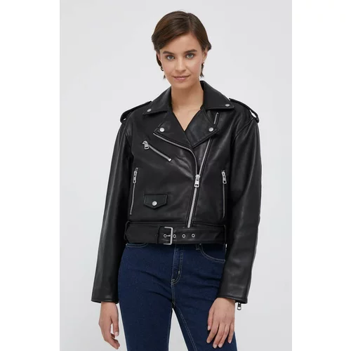 Calvin Klein Jeans Usnjena biker jakna ženska, črna barva