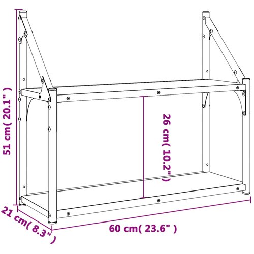  Zidna polica s 2 razine dimljenog hrasta 60x21x51 cm drvena Slike