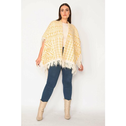 Şans Women's Plus Size Yellow Shawl Pattern Tassel And Silvery Detailed Thick Knitwear Poncho Slike