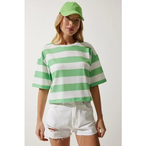  Women's White Green Crew Neck Striped Crop Knitted T-Shirt