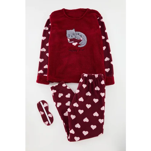 Trendyol Burgundy Heart Polar Fleece Knitted Pajama Set