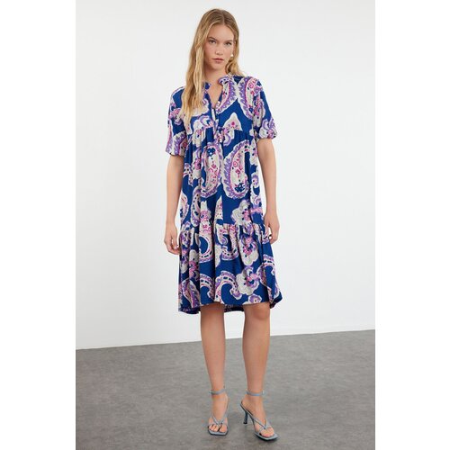 Trendyol Blue Printed V-Neck Skirt Ruffle Balloon Sleeve Knitted Flexible Maxi Dress Cene