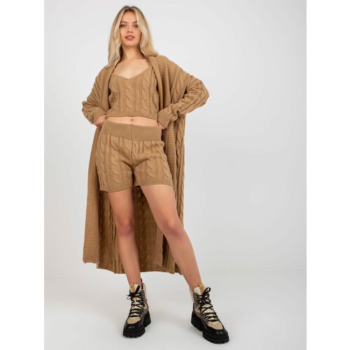 Fashion Hunters camel three-piece knitted set with top and shorts Cene
