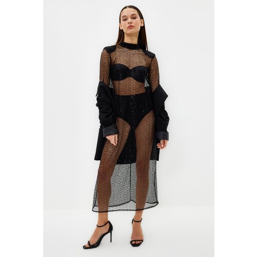 Trendyol Black Sequin Transparent Stylish Evening Dress Cene
