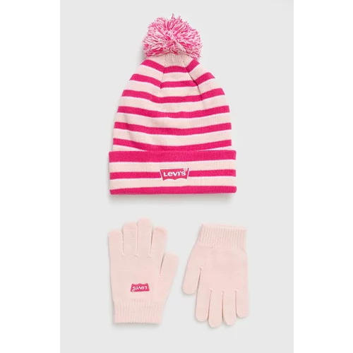 Levi's Otroška kapa in rokavice roza barva