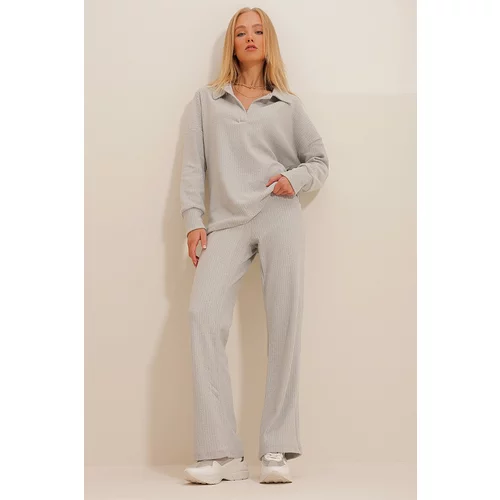 Trend Alaçatı Stili Women's Gray Polo Neck Top and Palazzo Trousers Knitwear Bottom and Top Set