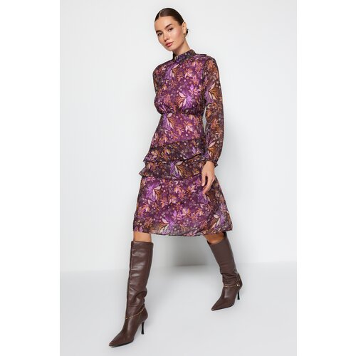 Trendyol Black Frilled Lined Chiffon Midi Dress Slike