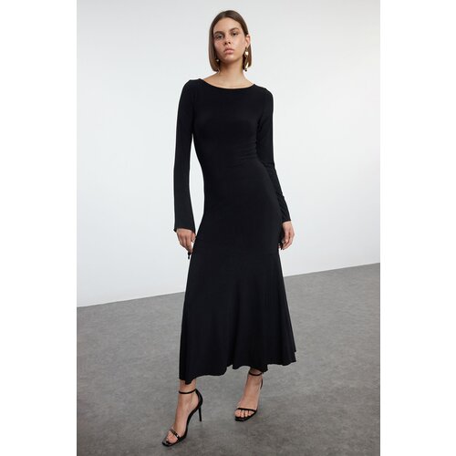 Trendyol Black Straight Boat Neck Fitted Skirt Flounce Maxi Flexible Knitted Dress Slike