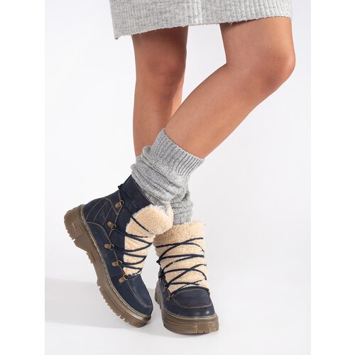 GOODIN Navy blue insulated lace-up hiking boots with lamb fur Slike