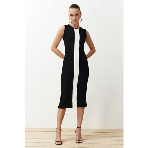 Trendyol Black Color Block Bodycone Fitted Ottoman Knitted Midi Pencil Dress Cene